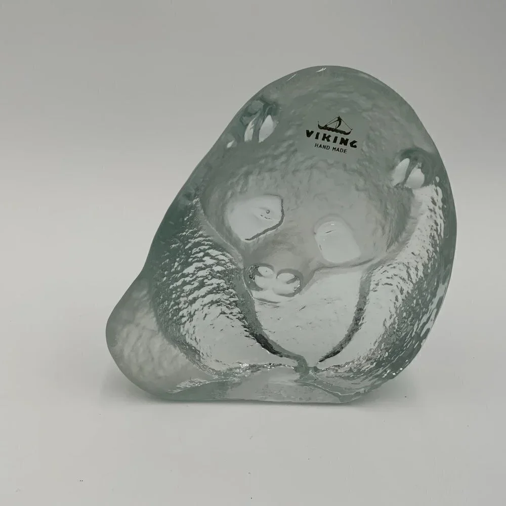 Vintage Viking Frosted and Clear Glass Panda Bear Figurine with Label